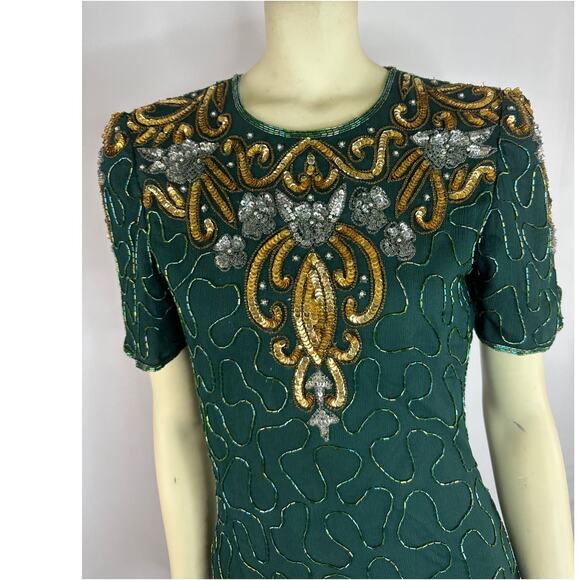 Vintage 90s Silk Cocktail Dress Fully Beaded Sequins Green size small petite - Picture 1 of 12
